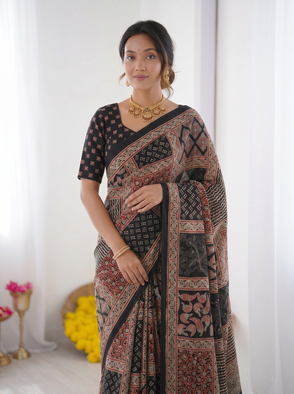 Black modal silk saree with tribal geometric print designer heritage pallu saree for festive wear
