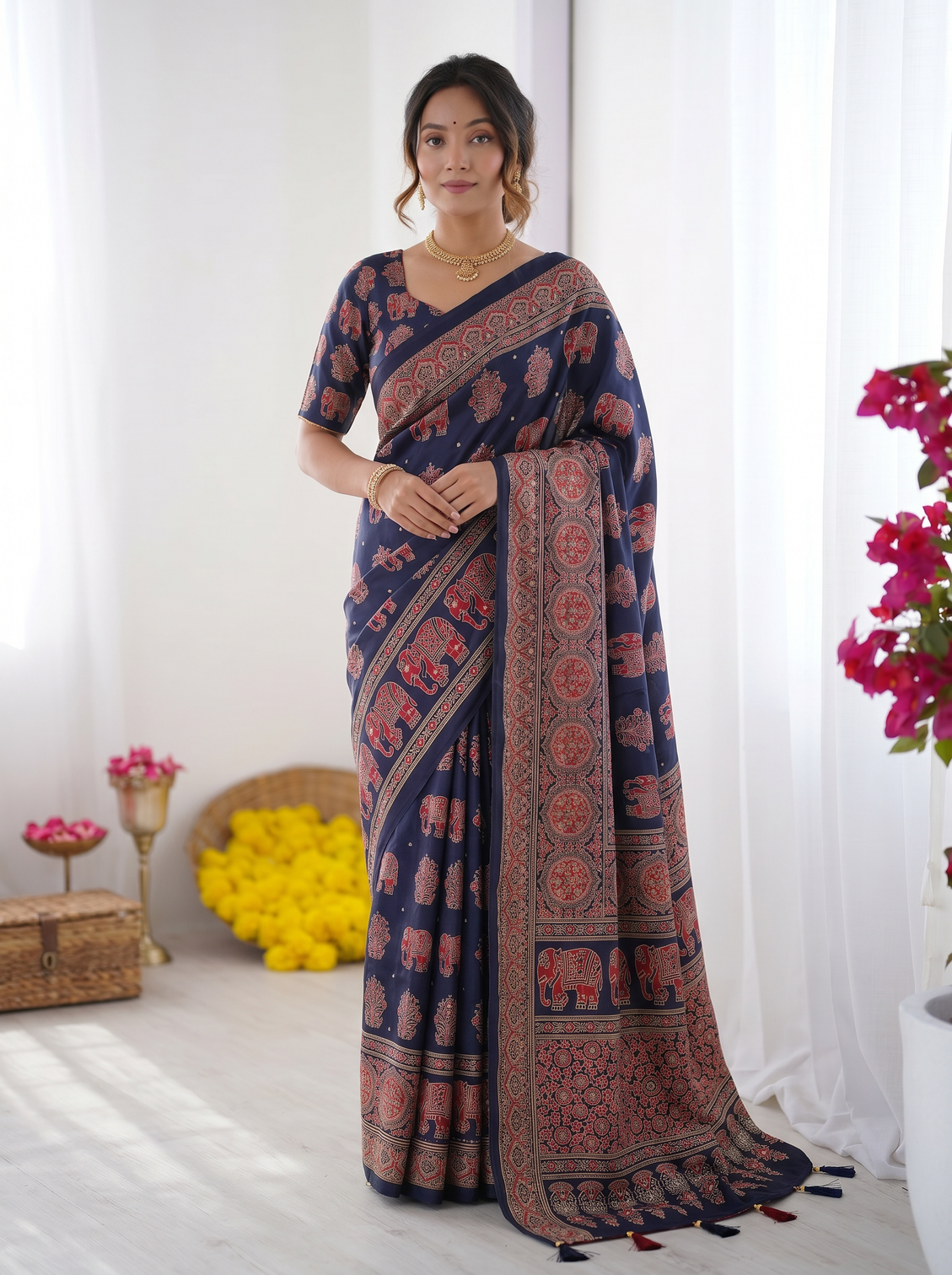 Navy blue modal silk saree with elephant motif ajrakh print heritage designer pallu traditional festive wear saree mameraa