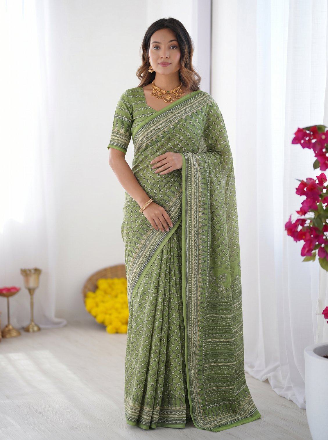 Sage green modal silk saree with delicate floral butti prints traditional heritage border elegant designer pallu mameraa
