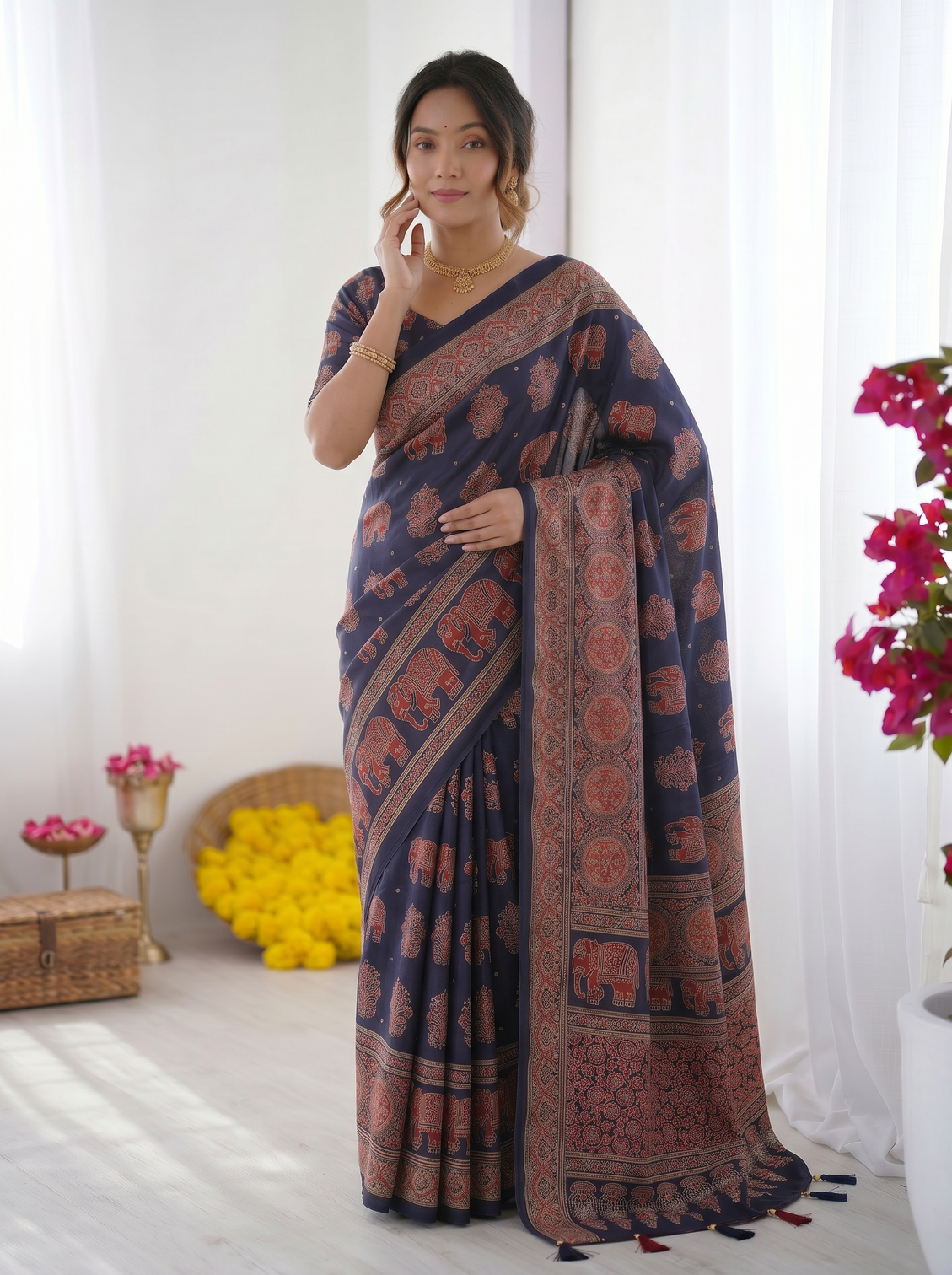Navy blue modal silk saree with elephant motif ajrakh print heritage designer pallu traditional festive wear saree