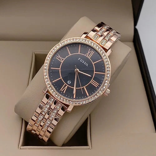 Trendy Fossil Black & Rose Gold Dial Watch For Women's