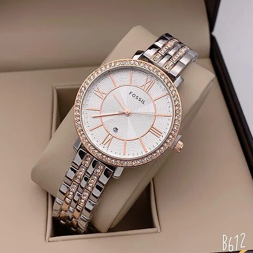 Trendy Fossil White & Silver Dialmonds Dial Watch For Women's