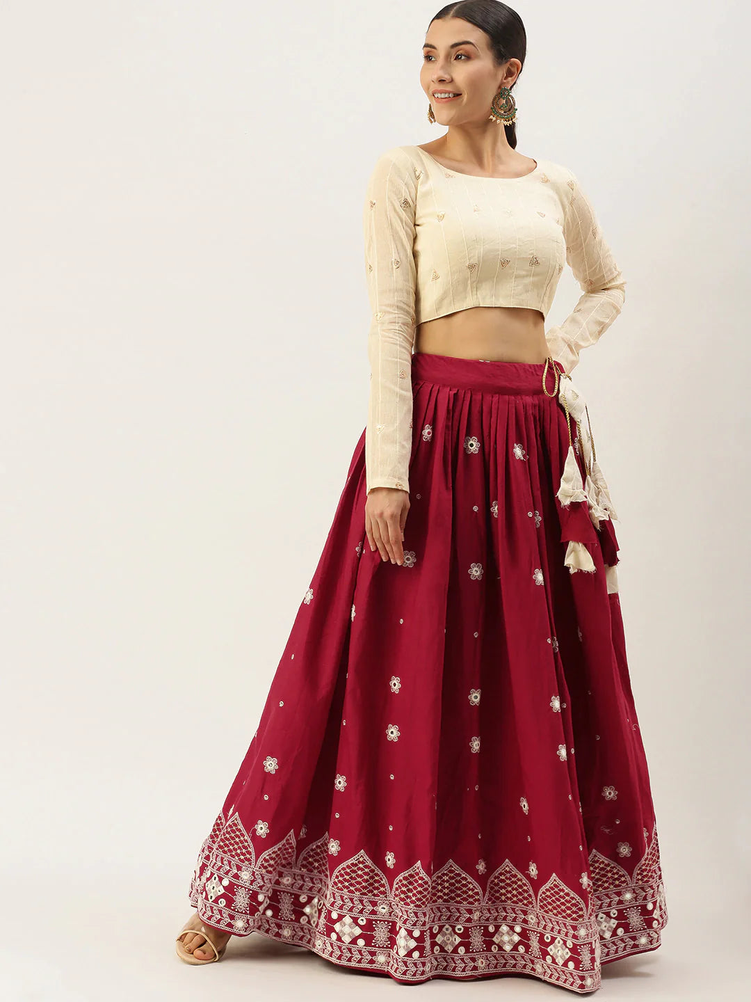 Maroon and beige woven design lehenga choli