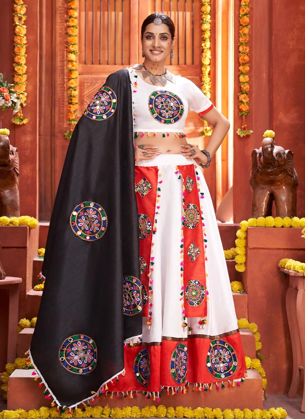 Fabulous art silk rajwadi ghaghra in white for navratri