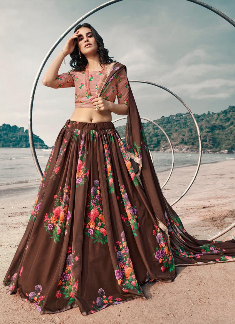 Fabulous Brown Digital Print Resham Organza Lehenga Choli Set