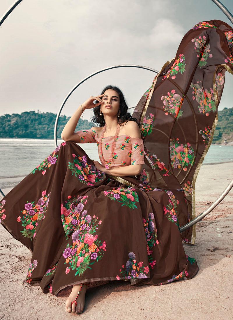 Fabulous Brown Digital Print Resham Organza Lehenga Choli Set