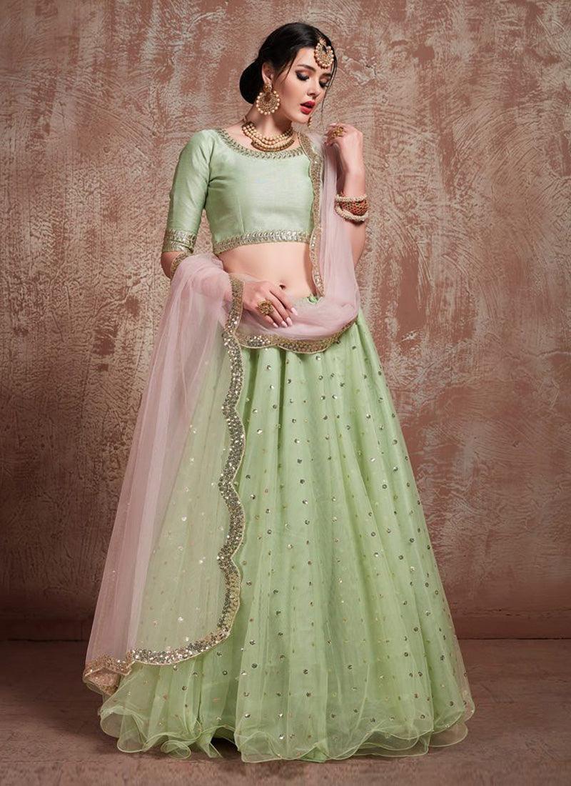 Fabulous Pista Green Color Soft Net Base Lehenga Choli For Mehendi Ceremony