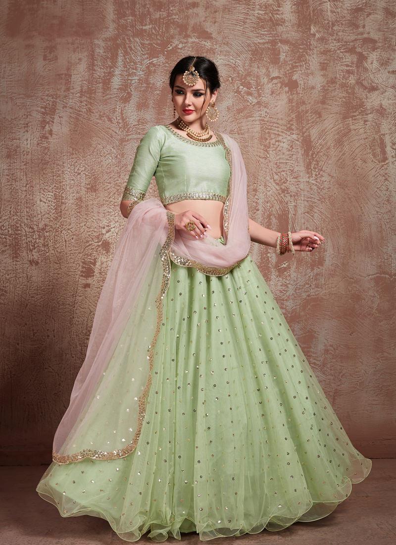 Fabulous Pista Green Color Soft Net Base Lehenga Choli For Mehendi Ceremony