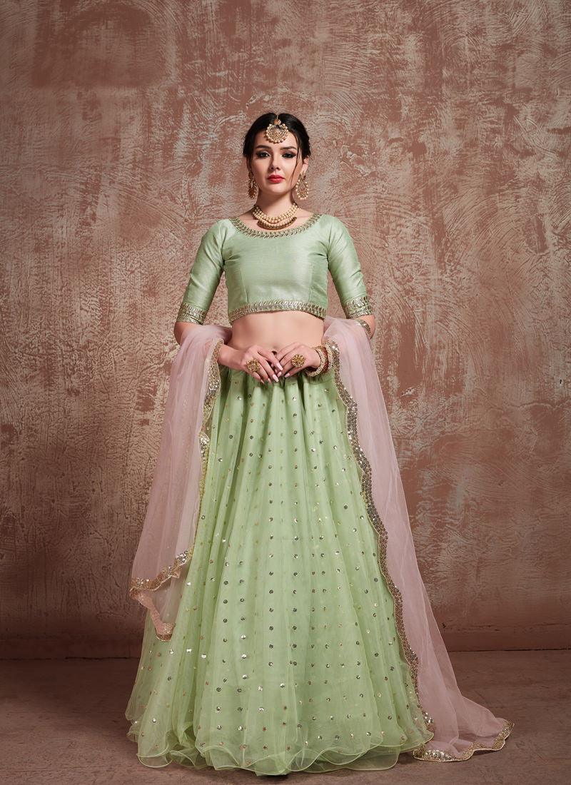 Fabulous Pista Green Color Soft Net Base Lehenga Choli For Mehendi Ceremony