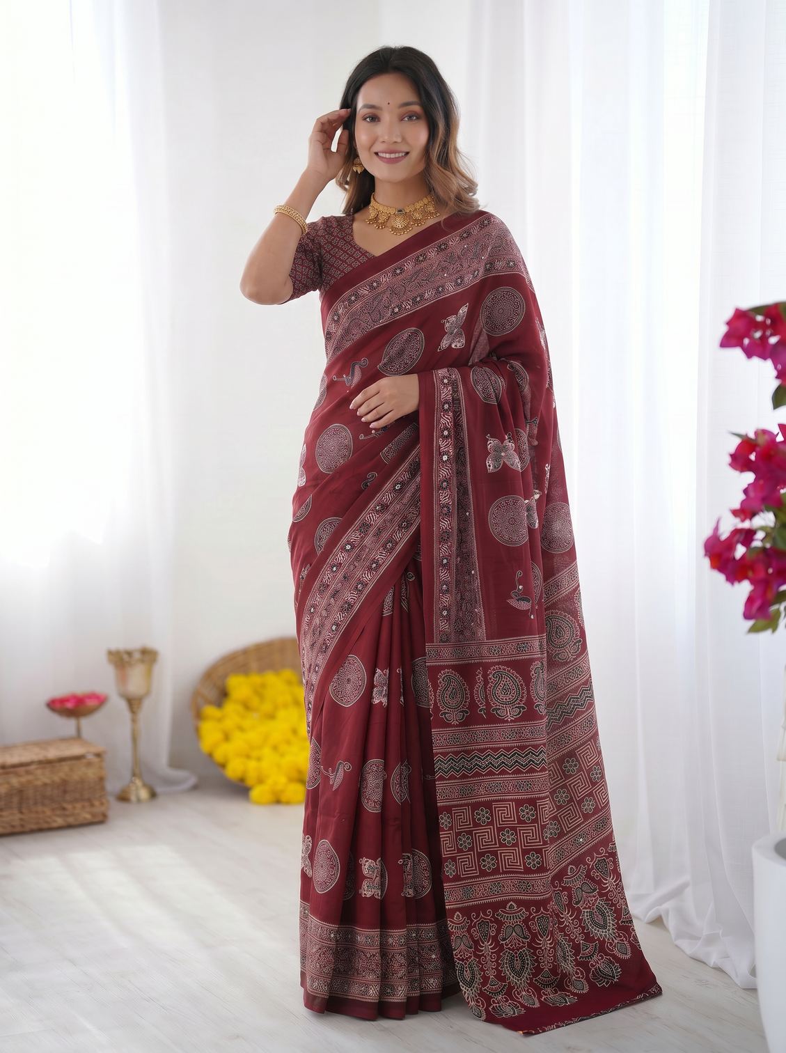 Maroon modal silk saree with paisley circular motif print designer heritage pallu saree for festive wear