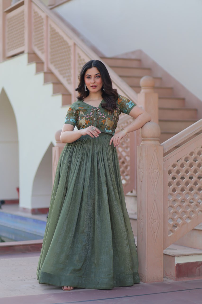 Fair Green Elegant Silver Crunchy Gown with Embroidered Koti – Stylish Partywear Set