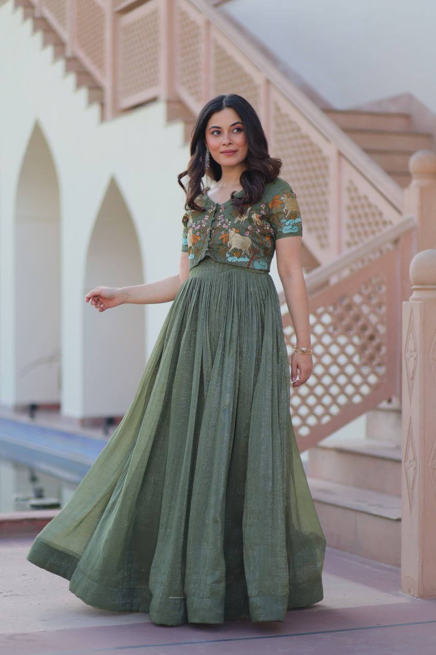 Fair Green Elegant Silver Crunchy Gown with Embroidered Koti – Stylish Partywear Set