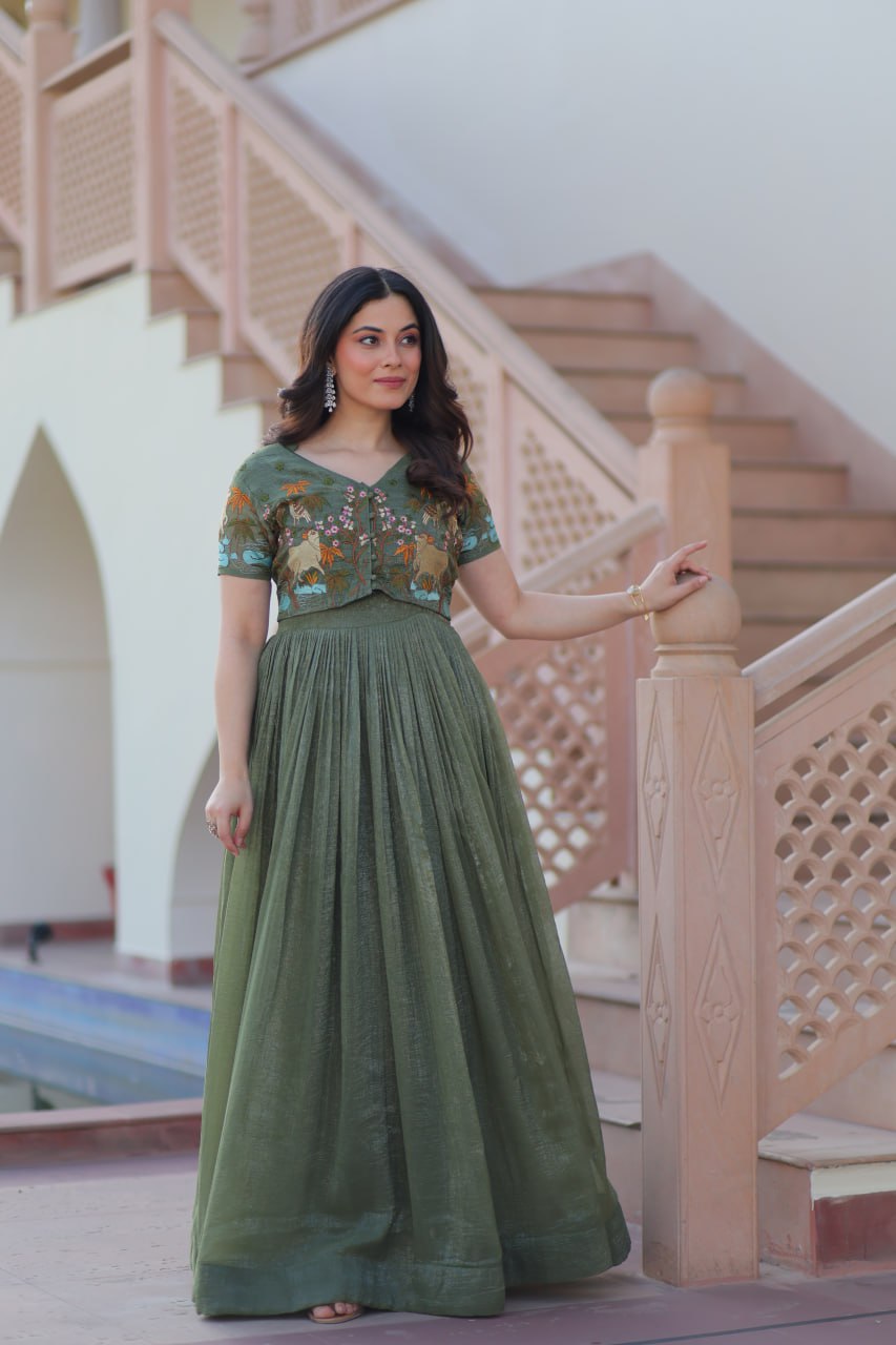 Fair Green Elegant Silver Crunchy Gown with Embroidered Koti – Stylish Partywear Set