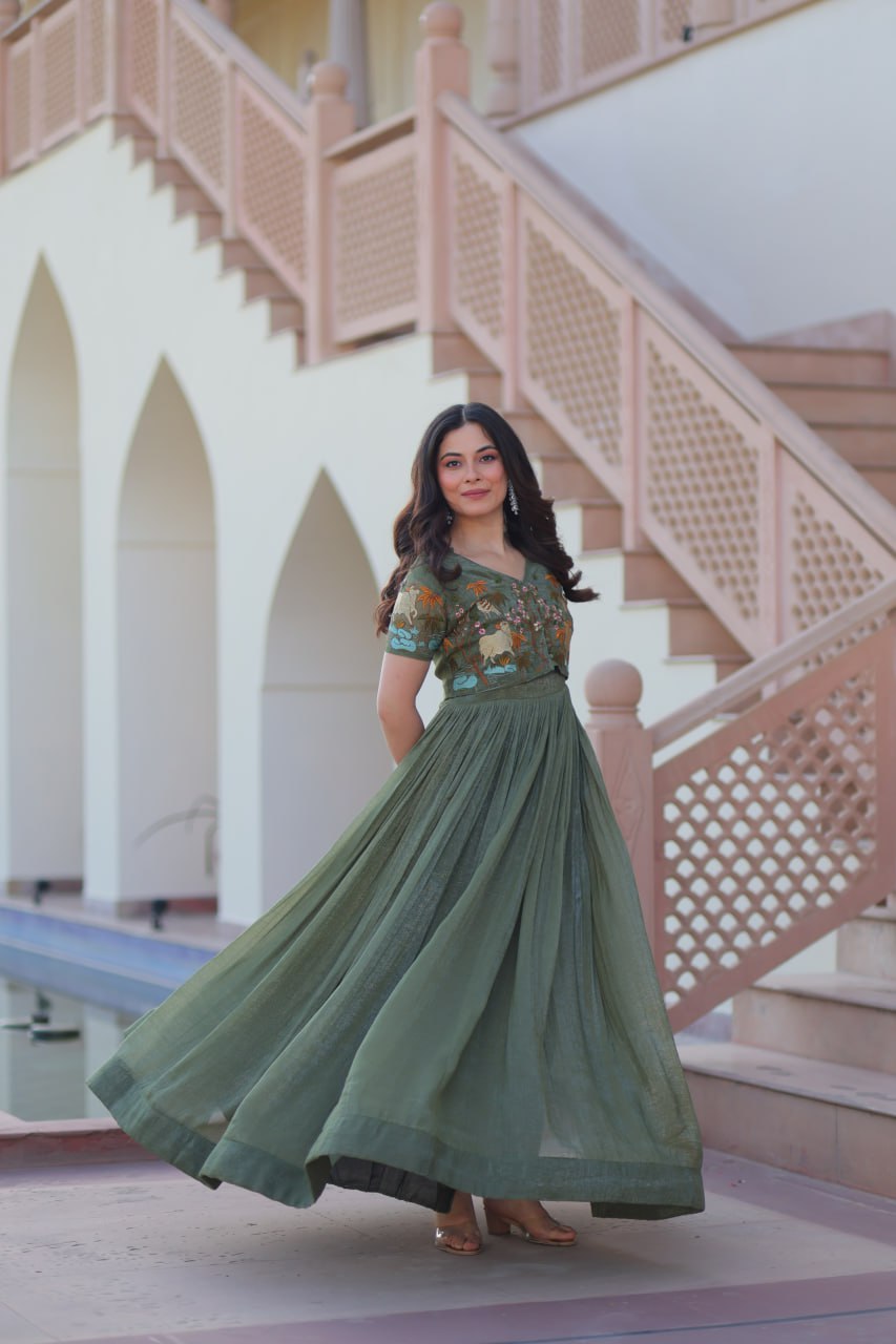 Fair Green Elegant Silver Crunchy Gown with Embroidered Koti – Stylish Partywear Set