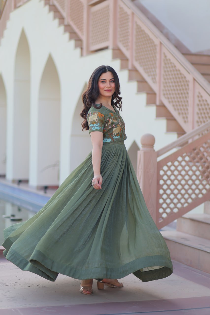 Fair Green Elegant Silver Crunchy Gown with Embroidered Koti – Stylish Partywear Set