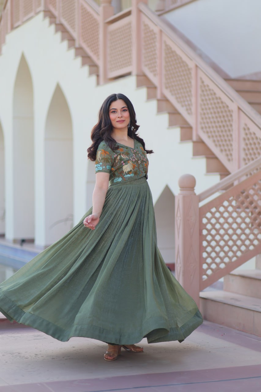 Fair Green Elegant Silver Crunchy Gown with Embroidered Koti – Stylish Partywear Set