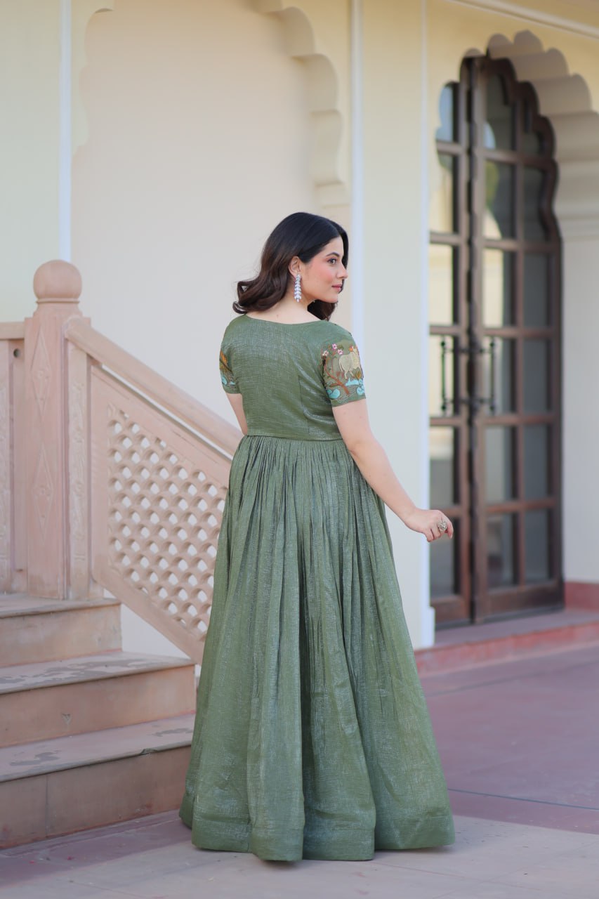 Fair Green Elegant Silver Crunchy Gown with Embroidered Koti – Stylish Partywear Set