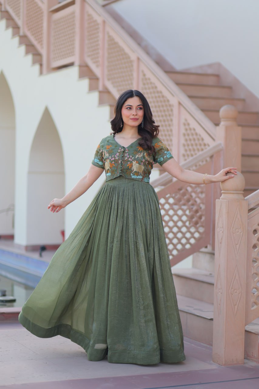 Fair Green Elegant Silver Crunchy Gown with Embroidered Koti – Stylish Partywear Set