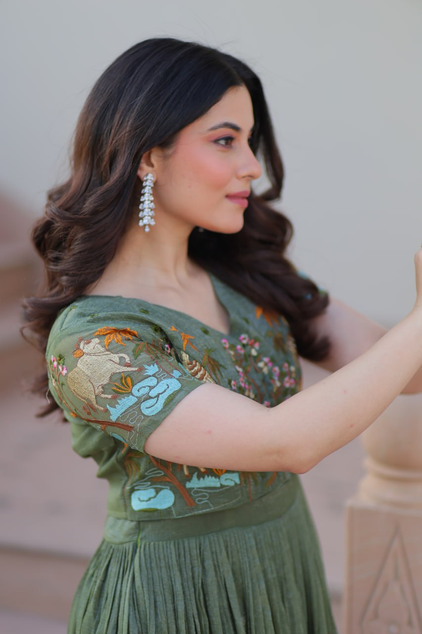 Fair Green Elegant Silver Crunchy Gown with Embroidered Koti – Stylish Partywear Set