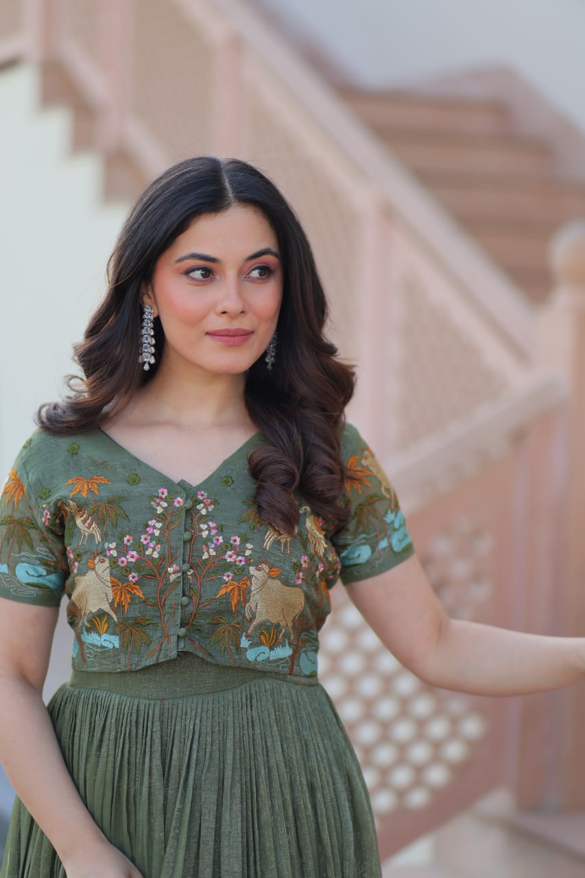 Fair Green Elegant Silver Crunchy Gown with Embroidered Koti – Stylish Partywear Set