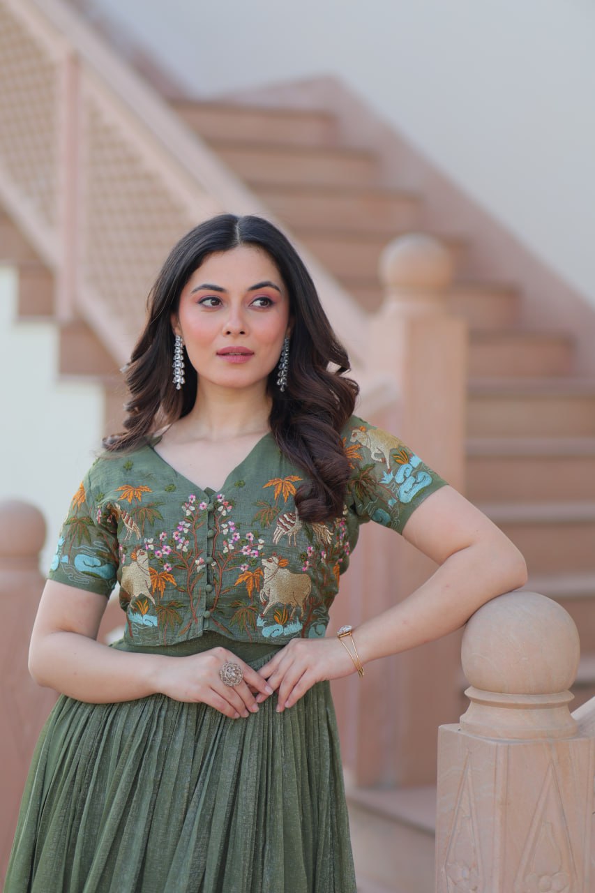 Fair Green Elegant Silver Crunchy Gown with Embroidered Koti – Stylish Partywear Set