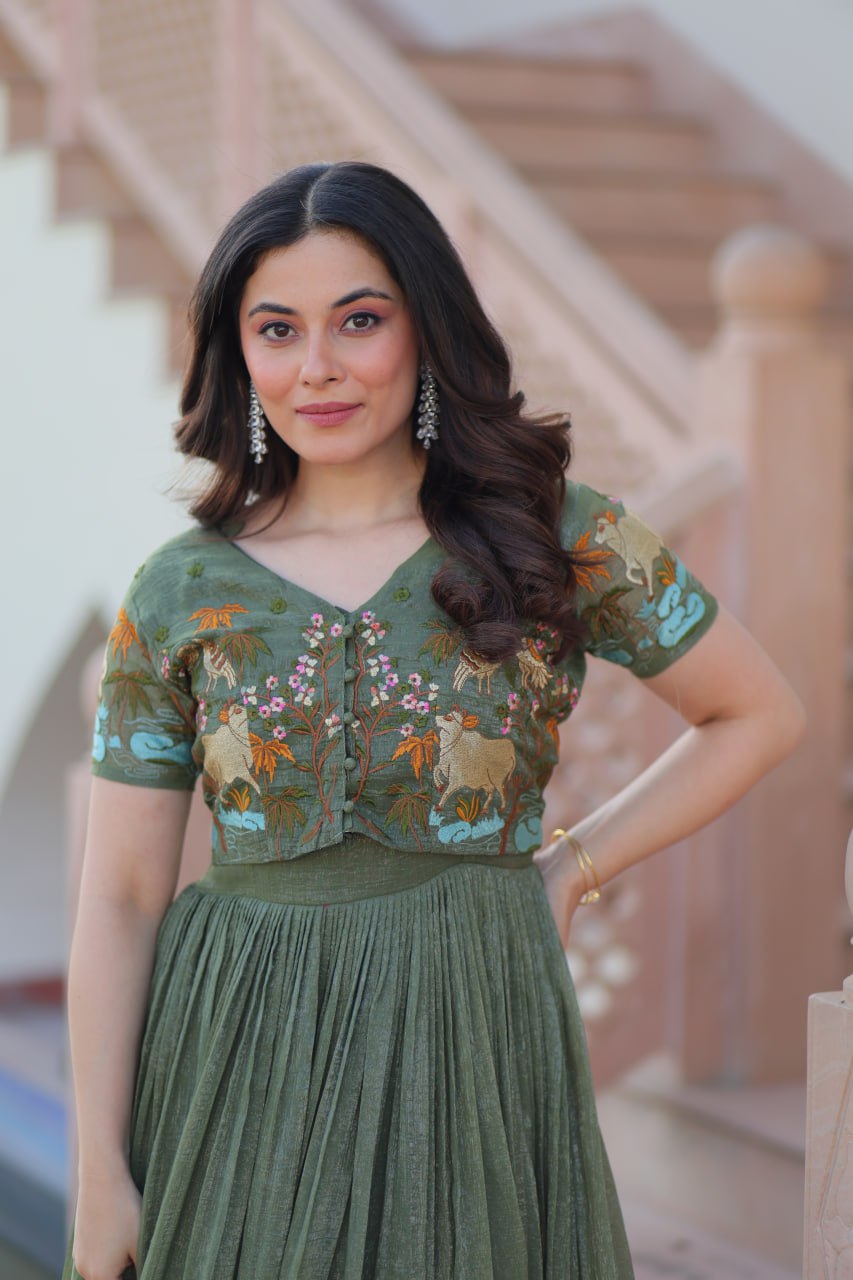 Fair Green Elegant Silver Crunchy Gown with Embroidered Koti – Stylish Partywear Set