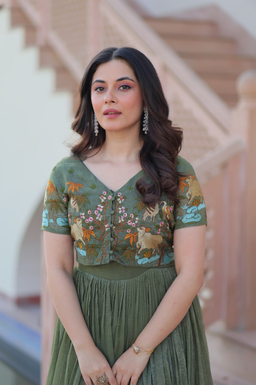 Fair Green Elegant Silver Crunchy Gown with Embroidered Koti – Stylish Partywear Set