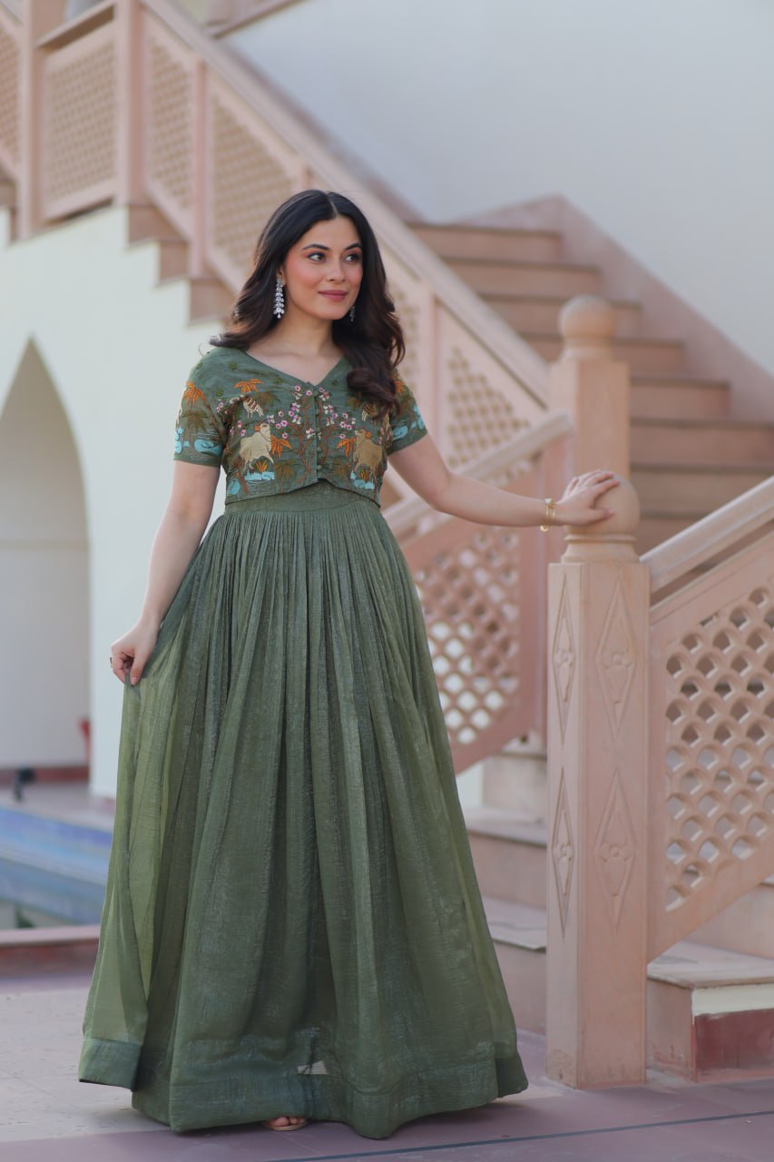 Fair Green Elegant Silver Crunchy Gown with Embroidered Koti – Stylish Partywear Set
