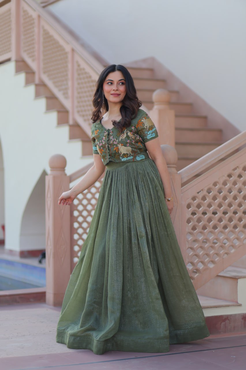 Fair Green Elegant Silver Crunchy Gown with Embroidered Koti – Stylish Partywear Set