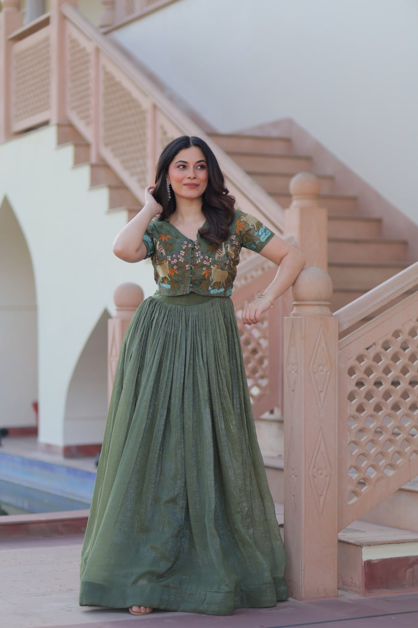 Fair Green Elegant Silver Crunchy Gown with Embroidered Koti – Stylish Partywear Set