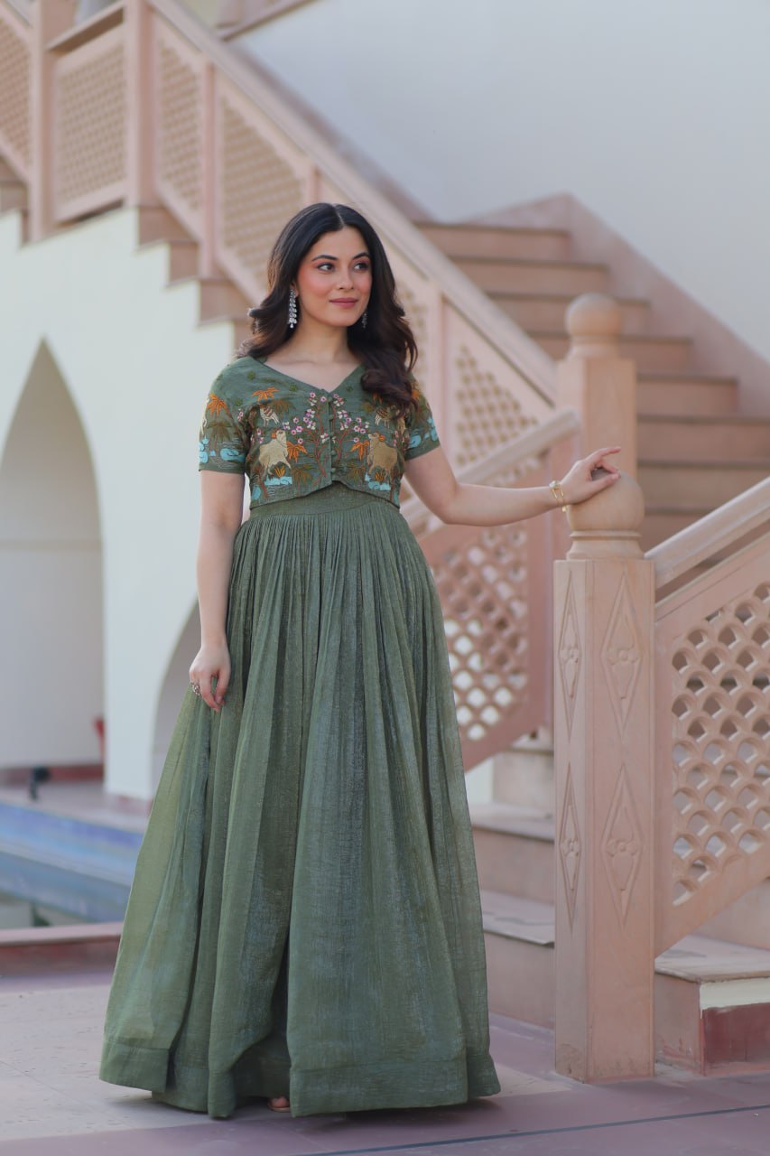 Fair Green Elegant Silver Crunchy Gown with Embroidered Koti – Stylish Partywear Set