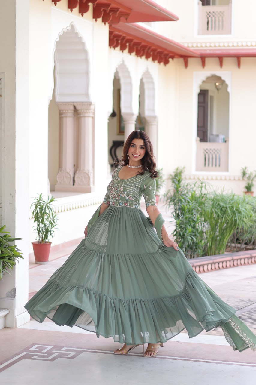 Fair Green Luxury Faux Blooming Sequins Multithread Beads Embroidered Gown with Designer Dupatta – Full Inner