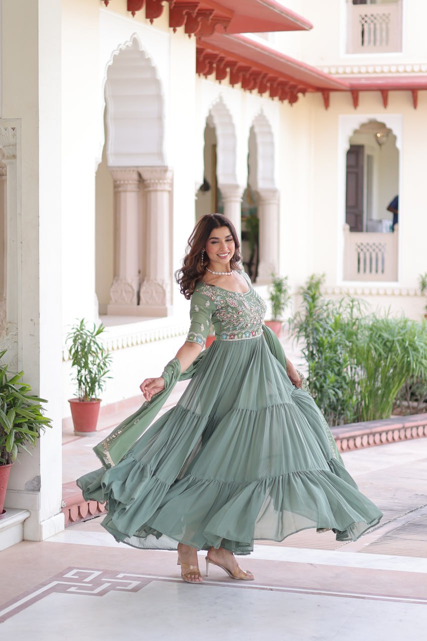 Fair Green Luxury Faux Blooming Sequins Multithread Beads Embroidered Gown with Designer Dupatta – Full Inner