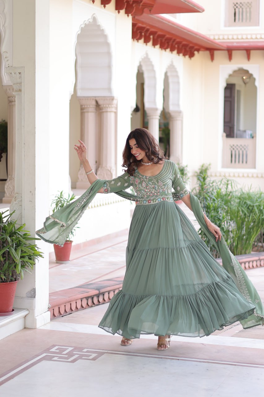 Fair Green Luxury Faux Blooming Sequins Multithread Beads Embroidered Gown with Designer Dupatta – Full Inner