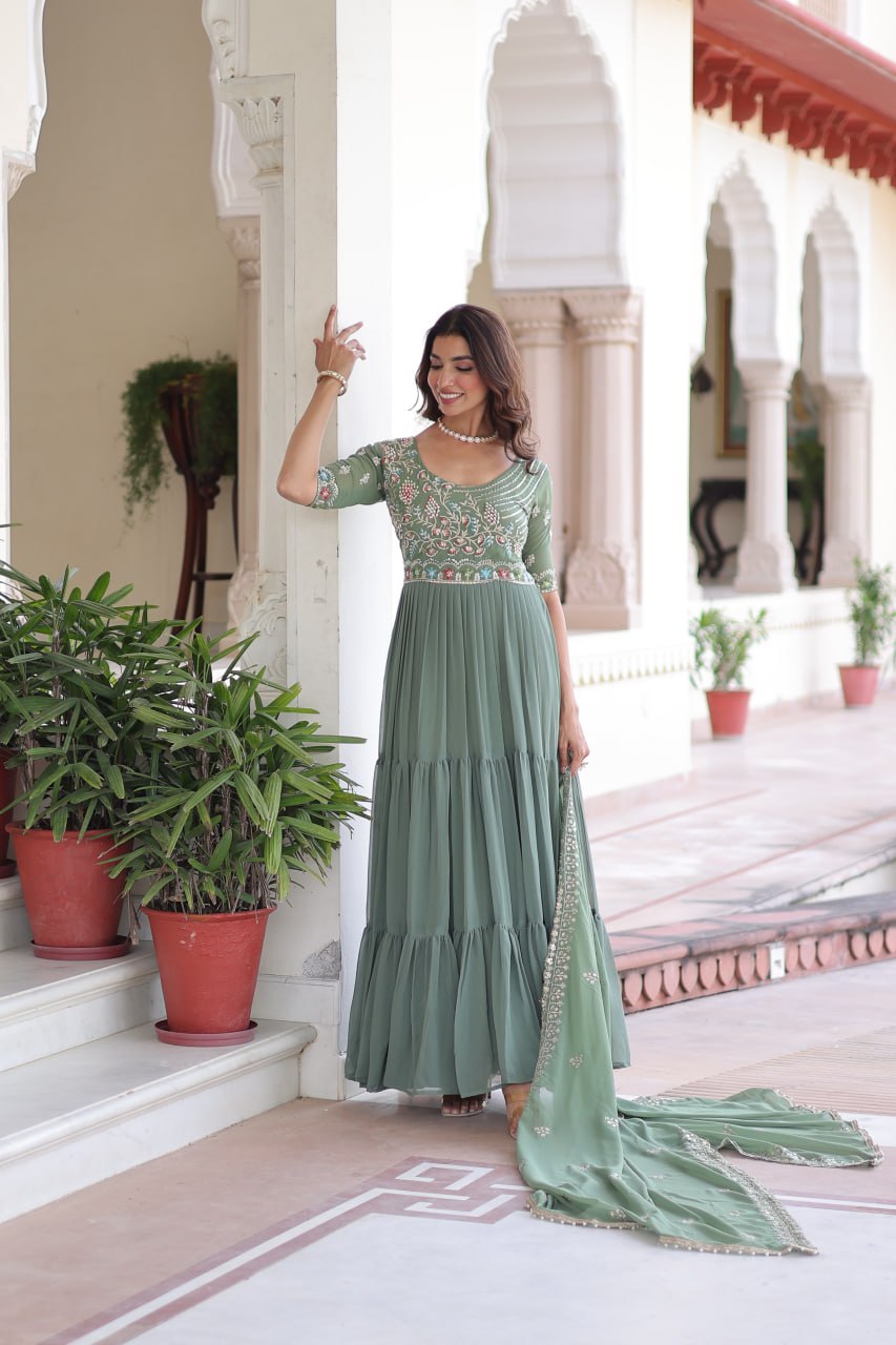 Fair Green Luxury Faux Blooming Sequins Multithread Beads Embroidered Gown with Designer Dupatta – Full Inner