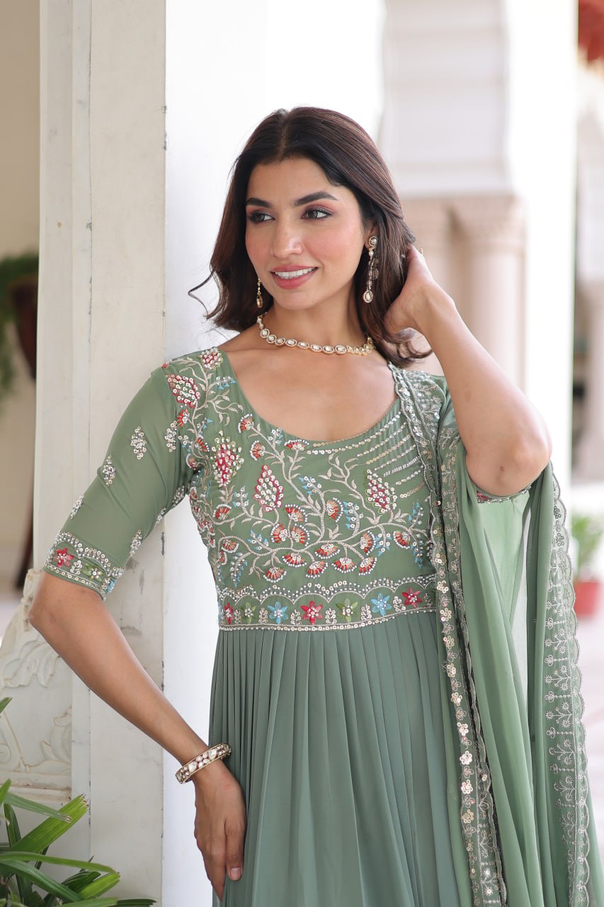 Fair Green Luxury Faux Blooming Sequins Multithread Beads Embroidered Gown with Designer Dupatta – Full Inner