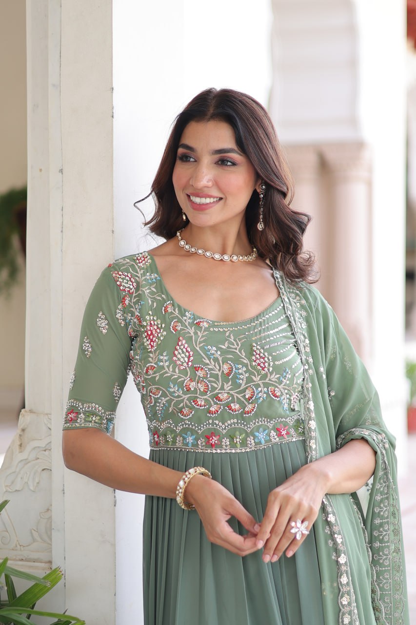 Fair Green Luxury Faux Blooming Sequins Multithread Beads Embroidered Gown with Designer Dupatta – Full Inner
