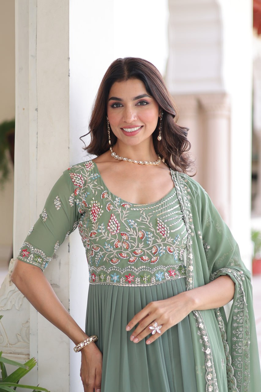 Fair Green Luxury Faux Blooming Sequins Multithread Beads Embroidered Gown with Designer Dupatta – Full Inner