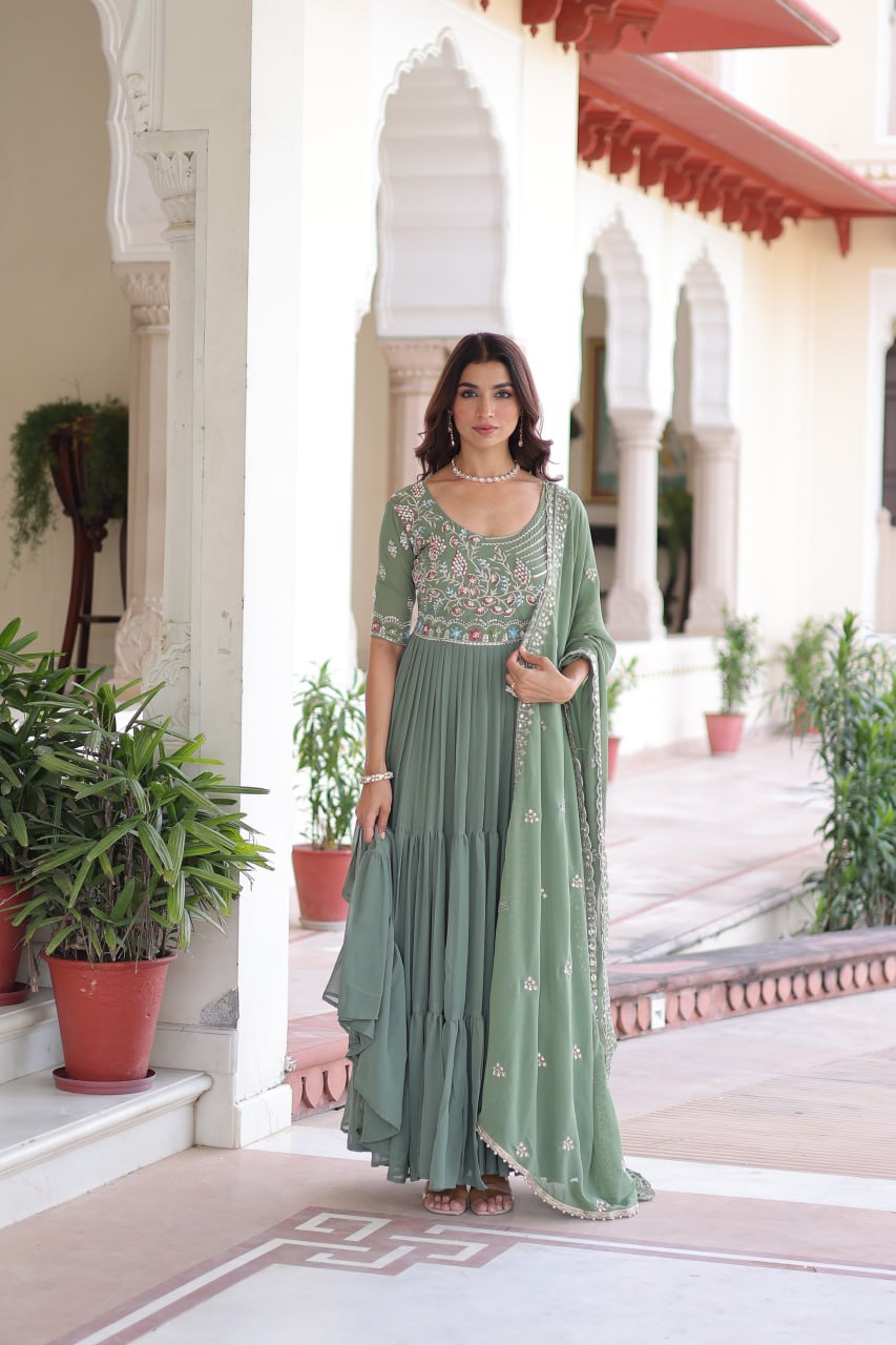 Fair Green Luxury Faux Blooming Sequins Multithread Beads Embroidered Gown with Designer Dupatta – Full Inner