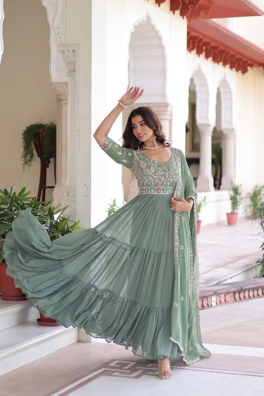 Fair Green Luxury Faux Blooming Sequins Multithread Beads Embroidered Gown with Designer Dupatta – Full Inner