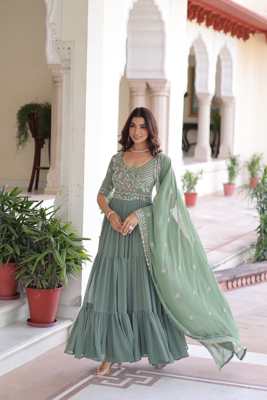 Fair Green Luxury Faux Blooming Sequins Multithread Beads Embroidered Gown with Designer Dupatta – Full Inner