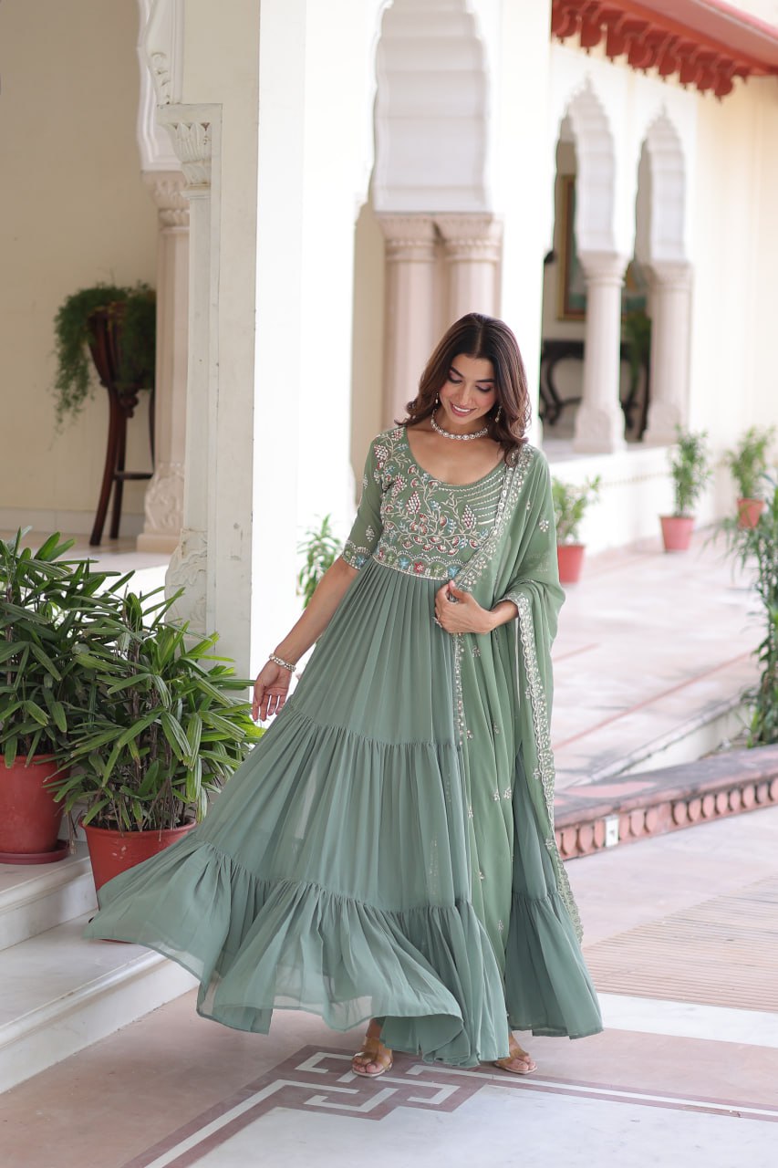 Fair Green Luxury Faux Blooming Sequins Multithread Beads Embroidered Gown with Designer Dupatta – Full Inner