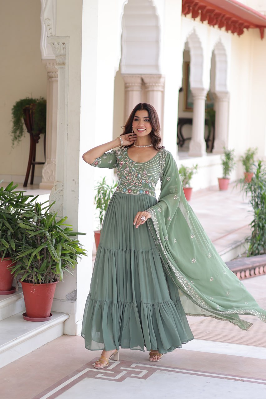 Fair Green Luxury Faux Blooming Sequins Multithread Beads Embroidered Gown with Designer Dupatta – Full Inner