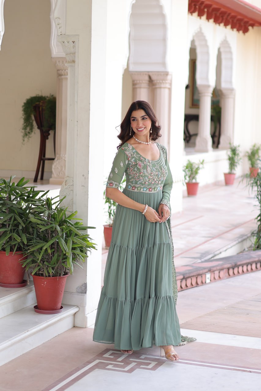 Fair Green Luxury Faux Blooming Sequins Multithread Beads Embroidered Gown with Designer Dupatta – Full Inner