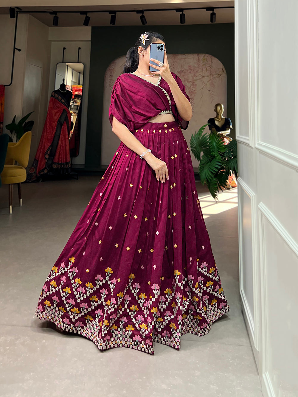 Wine Color Thread Embroidery Work Vichitra Silk Lehenga Choli