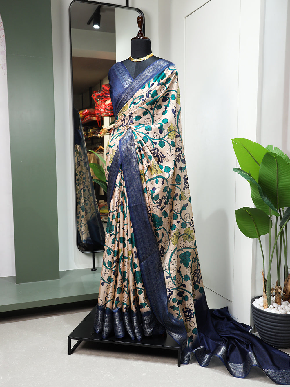 Navy Blue Color Printed With Zari Border Dola Silk Saree