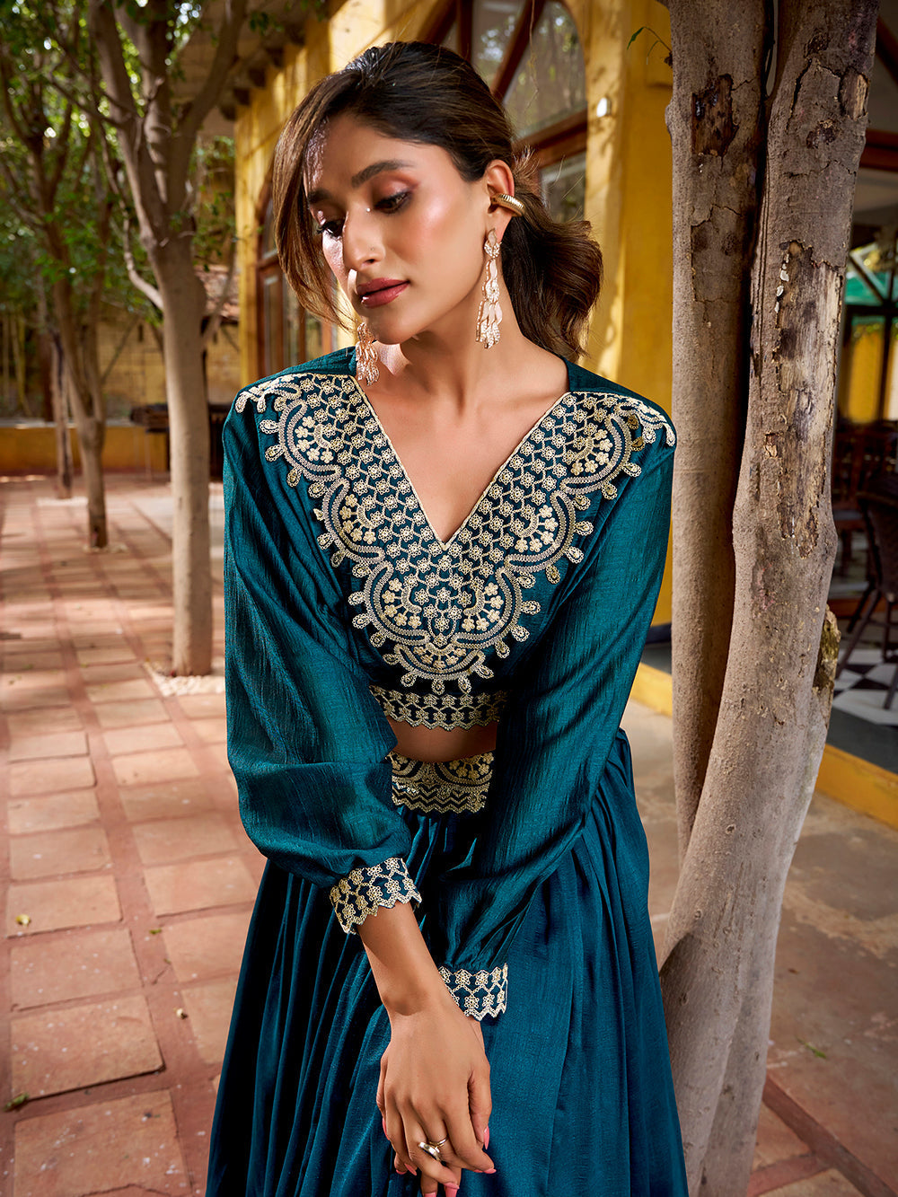 Peacock blue vichitra silk lehenga choli set with thread embroidery