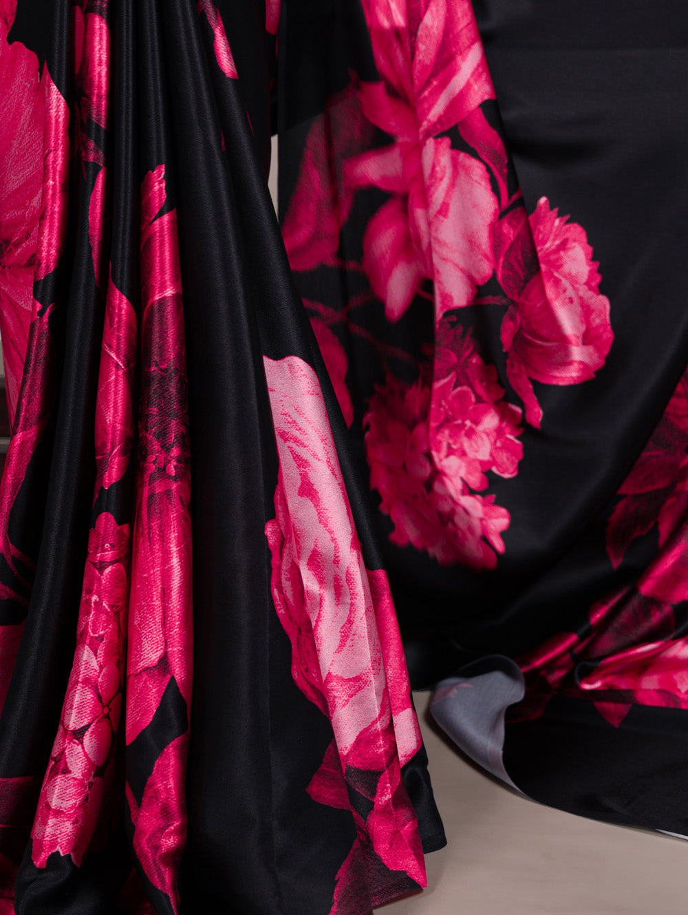 Pink floral printed satin silk saree with matching banglory blouse