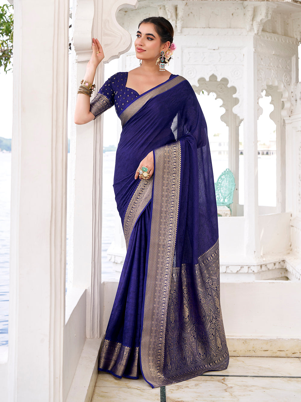 Navy blue self printed chinon saree with zari weaving unstitched blouse