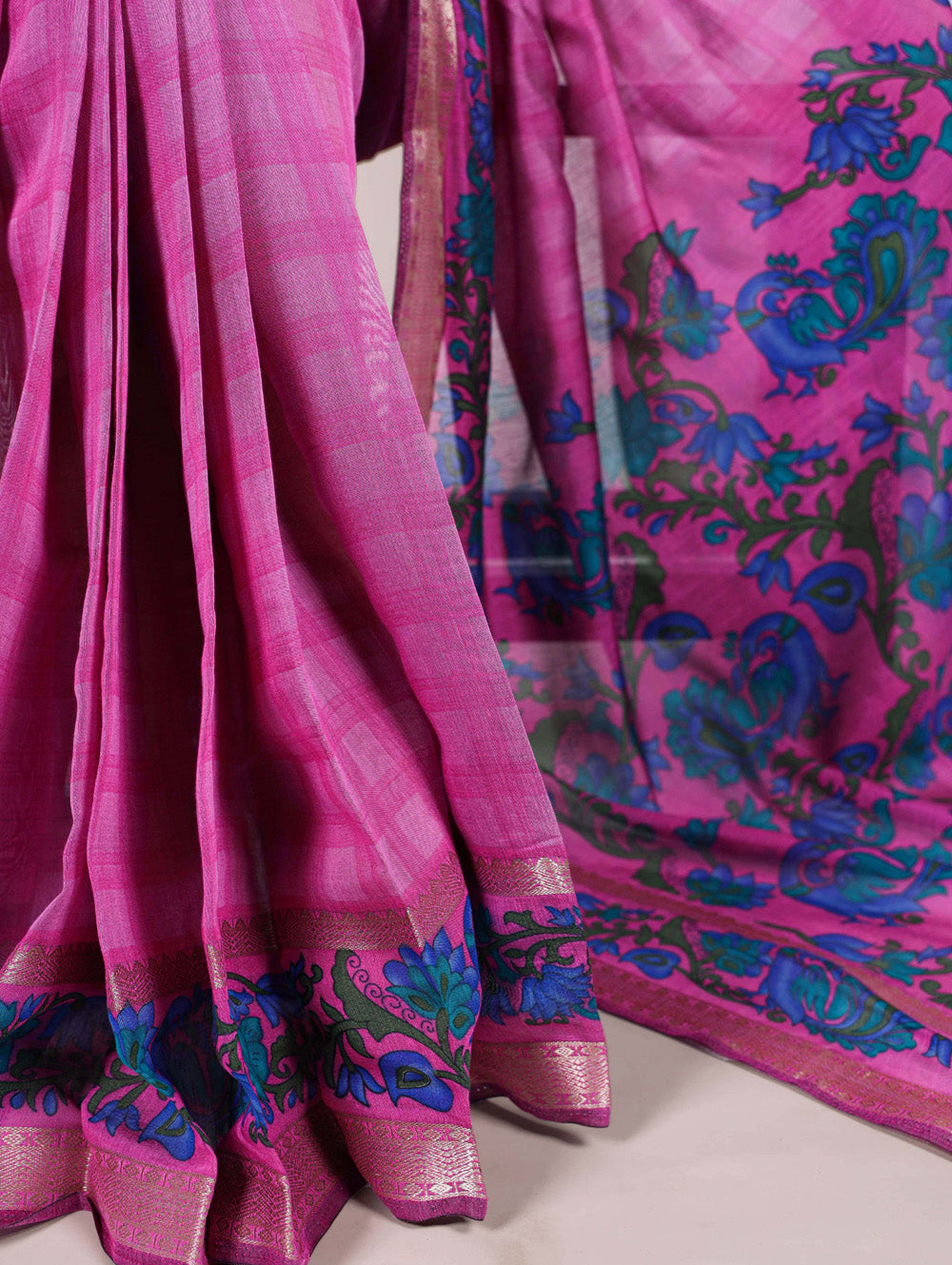 Pink printed polyester viscose chanderi saree with zari weaving border